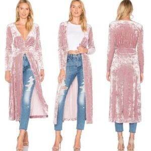 L'academie Womens Long Duster Cardigan Open Front Velvet Size XS Pink Holiday